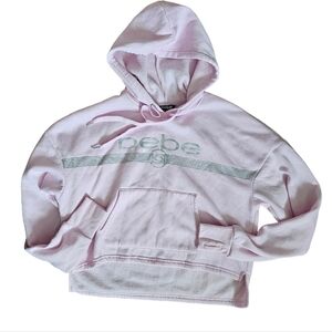 Bebe Sport Pink Fleece Hooded Sweatshirt Size Medium Cropped Length